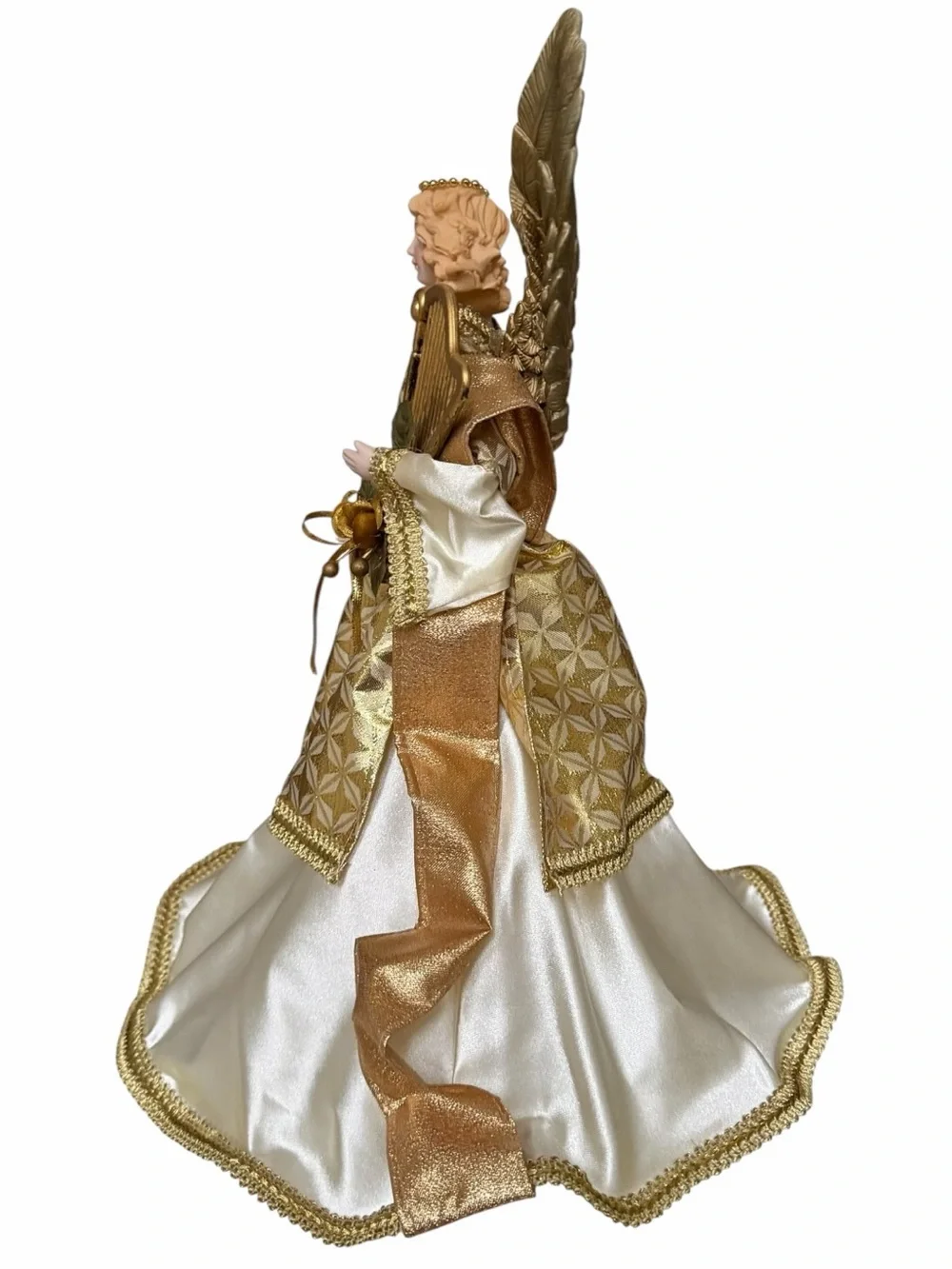 Victorian Gold Large Christmas Angel Tree Topper with Harp 17.5”H